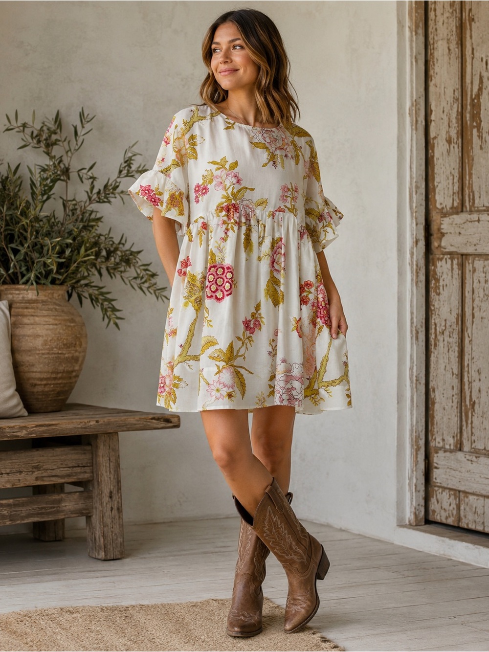 Floral Ruffle-Sleeve Babydoll Swing Dress in Cream and Pink M